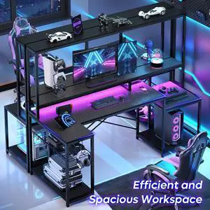 Bestier 71 L Shaped Computer Desk with LED, Corner Gaming Desk with Power Outlet and Monitor Stand,Reversible Storage Shelves and Hooks,Carbon Fiber Black