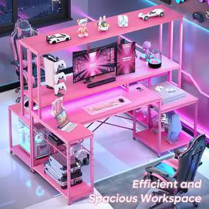 Bestier 71 L Shaped Computer Desk with LED, Corner Gaming Desk with Power Outlet and Monitor Stand,Reversible Storage Shelves and Hooks,Pink