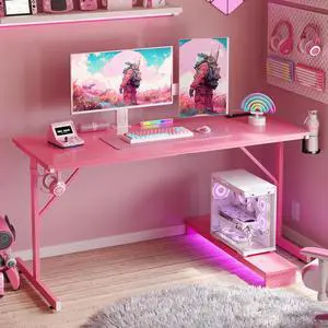 Bestier 52Computer Desk with LED and Power Outlet,The Desk with Monitor Stand,Headphone Hooks and Cup Holder,Pink