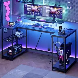 Bestier 63" U-Shaped Gaming Computer Desk with LED Monitor Stand & Power Outlet, Ergonomic Home Office Workstation with Headphone Hooks & Cup Holder, Black