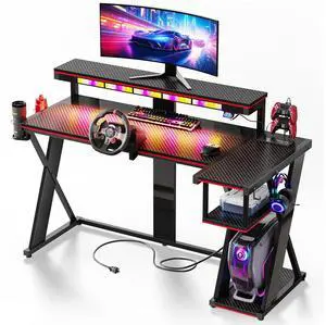 Bestier 57 L Shaped Gaming Desk with LED Monitor Stand and Power Outlet,Headphone Hooks and Cup Holder,Black