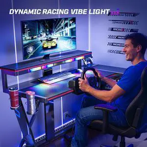Bestier 57 L Shaped Gaming Desk with LED Monitor Stand and Power Outlet,Headphone Hooks and Cup Holder,Black