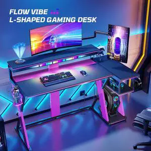 Bestier 57 L Shaped Gaming Desk with LED Monitor Stand and Power Outlet,Headphone Hooks and Cup Holder,Purple Galaxy
