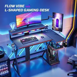 Bestier 41.6 L Shaped Gaming Desk with LED Monitor Stand and Power Outlet,Headphone Hooks and Cup Holder,Black