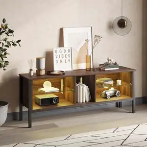 Bestier 65 inch TV Stands for Living Room,ModernTV Console with Glass Shelves & LED Lights,Entertainment Center with Storage for Bedroom,Walnut