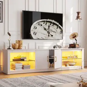 Bestier 70" LED TV Stand for 75" TV Large Entertainment Center Modern Gaming TV Console Table with Storage Glass Shelves Two Cabinets for Living Room, Bright White