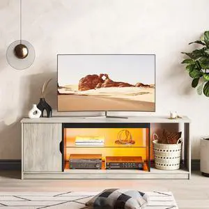 Bestier 58" LED TV Stand with Glass Shelf & Storage Cabinet, Gaming Entertainment Center for PS5, Fits up to 65 Inch TV, Grey