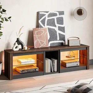 Bestier TV Stand for 70 inch TV, Gaming Entertainment Center for PS5, LED TV Cabinet with Glass Shelves for Living Room, 63 Inch, Walnut