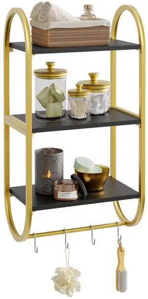 Bestier Floating Shelves for Wall, 3 Tier Wall Shelves for Bathroom with Towel Bar and Hooks, Bathroom Shelves Over Toilet, Classic Black