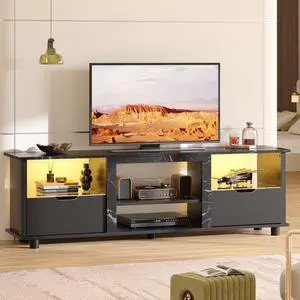 Bestier 70" Gaming Entertainment Center with Drawers, LED TV Stand for 75 Inch TV, TV Entertainment Stand for Living Room with Storage and Glass Shelves (Black Marble)