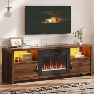 Bestier 70 Inch Fireplace TV Stand for 75" TVs, Modern Entertainment Center with LED Lights, Storage Cabinets and Adjustable Shelves for Living Room, Dark Walnut