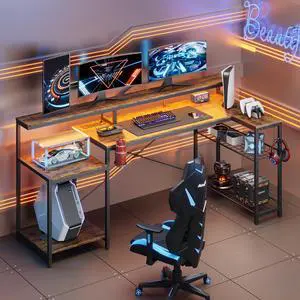 Bestier 71.5 Dual Monitor Gaming Desk with LED Lights, Power Outlets & Ergonomic Stand, L-Shaped Corner Desk for Office or Gaming Room, Brown
