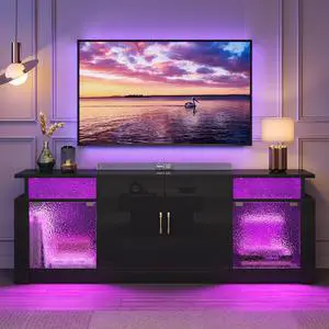 Bestier TV Stand for 70 inch TV, High Gloss Entertainment Center with Storage Cabinets & Adjustable Shelves, Modern TV Console with Acrylic Door, for Living Room/Gaming Room, Black
