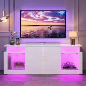 Bestier TV Stand for 70 inch TV, High Gloss Entertainment Center with Storage Cabinets & Adjustable Shelves, Modern TV Console with Acrylic Door, for Living Room/Bedroom (Glossy White)