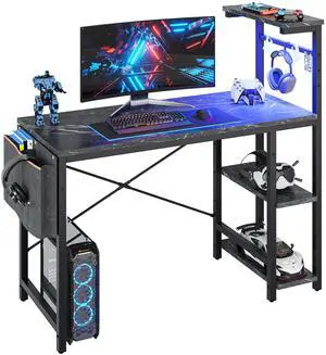 Bestier 44 Inch Reversible Gaming Desk with LED Lights, Computer Desk with 4-Tier Adjustable Shelves, Headphone Hook & Storage Bag, Black Marble