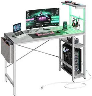 Bestier Gaming Desk with Shelves, 44 Inch Large PC Gaming Table with LED Lights, Led Gamer Desk with 4 Tiers Reversible Storage Shelves for Game & Bedroom Room, Grey 3D Carbon Fiber