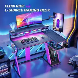 Bestier 41.6 L Shaped Gaming Desk with LED Monitor Stand and Power Outlet, Headphone Hooks and Cup Holder, Purple Galaxy