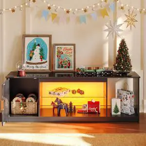 Bestier Fluted TV Stand for TVs up to 65 inch with LED Lights, Entertainment Center with Storage Cabinet & Shelves, LOG Black Marble