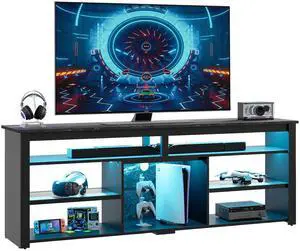 Bestier Tall LED TV Stand for 70/75/80 inch TV, Modern Black Marble Entertainment Center with Storage for PS5, Gaming Console for Gaming Room, Living Room & Bedroom