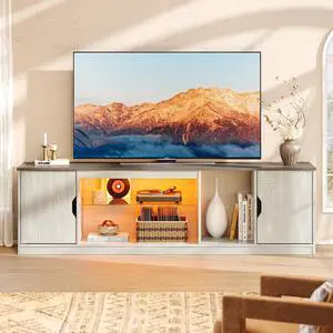 Bestier 70" TV Console for 75 inch TV, LED Media Console with Adjustable Tempered Glass Shelf, Modern TV Stand with Storage Cabinet