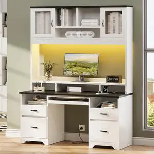 Bestier Executive Desk with Hutch, 77.8" H Modern Wood Computer Desk with Drawers, Charging Station, LED Light, Fluted Storage Cabinet, Keyboard Tray, 59" W Office Desk for Home Office,  White