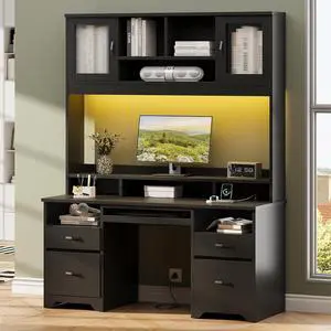 Bestier Executive Desk with Hutch, 77.8" H Modern Wood Computer Desk with Drawers, Charging Station, LED Light, Fluted Storage Cabinet, Keyboard Tray, 59" W Office Desk for Home Office, Black