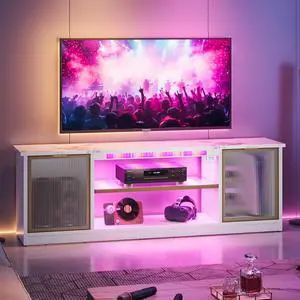 Bestier Gaming TV Stand with Music Sync Light, Flow Vibe Entertainment Center with Storage for PS5 Xbox, RGB LED Party Modes Television Stands for 50/55/60/65 inch TV (White Marble, 57 inch)