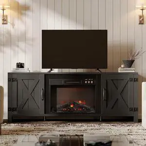 Bestier 63" Fireplace TV Stand for TVs Up to 70", Farmhouse Barn Door Entertainment Center with Electric Heater, Storage Cabinets & Shelves, Retro Media Console for Living Room, Black