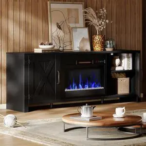 Bestier 63" Fireplace TV Stand for TVs Up to 70", Farmhouse Barn Door Entertainment Center with Electric Heater, Storage Cabinets & Shelves, Remote Control Media Console for Living Room, Black