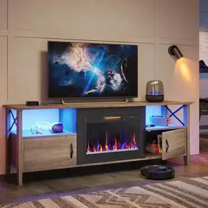 Bestier 63" Fireplace TV Stand for TVs Up to 70", LED Media Console with Storage, with Electric Fireplace Included , Gray