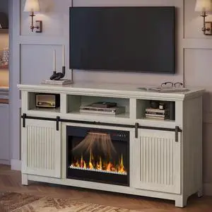 Bestier 60" Farmhouse Fireplace TV Stand for 65" TVs, Sliding Barn Door Entertainment Center with Electric Fireplace Heater, Adjustable Shelves & Storage Cabinets for Living Room, Wash White