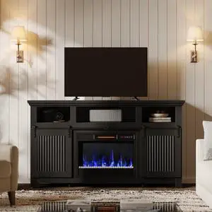 Bestier 60" Farmhouse Fireplace TV Stand for 65" TVs, Sliding Barn Door Entertainment Center with Electric Fireplace Heater, Adjustable Shelves & Storage Cabinets for Living Room,  Black