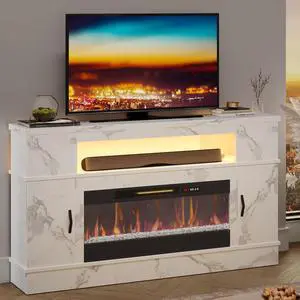 Bestier LED Fireplace TV Stand with 36" Electric Fireplace, Entertainment Center Modern Console Table Stand with Storage Cabinets for TVs up to 70" for Ling Room Bedroom, White Marble