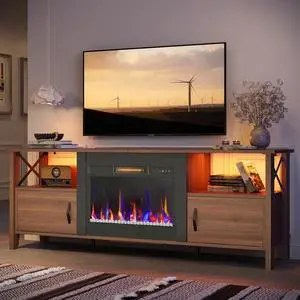 Bestier 63" Fireplace TV Stand for TVs Up to 70", LED Media Console with Storage, with Electric Fireplace Included , Walnut