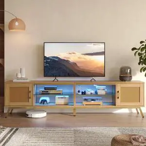 Bestier 80" TV Stand with LED for TVs up to 85", Rattan Mid Century Modern Entertainment Center, Natual Oak