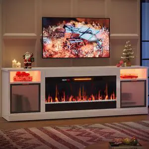 Bestier 70 inch Fireplace TV Stand with 36" Electric Fireplace, High Gloss Entertainment Center for TVs up to 80 inch with LED Lights & Storage Cabinets, White