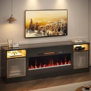 Bestier 70 inch Fireplace TV Stand with 36" Electric Fireplace, High Gloss Entertainment Center for TVs up to 80 inch with LED Lights & Storage Cabinets, Black