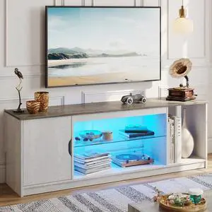 Bestier 58" LED TV Stand with Glass Shelf & Storage Cabinet, Gaming Entertainment Center for PS5, Fits up to 65 Inch TV, Wash Grey