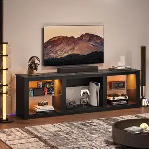 Bestier 70" TV Stand with LED Lights and Glass Shelves for TVs up to 75" , Black Marble