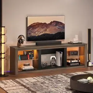 Bestier 70" TV Stand with LED Lights and Glass Shelves for TVs up to 75" , Grey