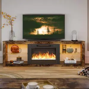 Bestier 70" TV Stand with LED Lights and Glass Shelves for TVs up to 75" , Brown-Without the Heating
