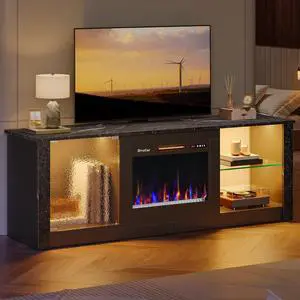 Bestier 63" Modern Fireplace TV Stand for TVs Up to 70", Electric Entertainment Center with Adjustable LED Storage Cabinets, Textured Door, Farmhouse Media Console for Living Room, Black Marble
