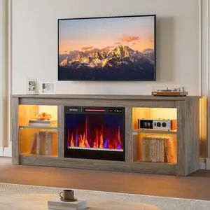 Bestier 63" Fireplace TV Stand for TVs Up to 70", RGB Remote Electric Fireplace Entertainment Center with Textured Transparent Door, Glass Shelves & Storage Cabinets for Living Room, Grey