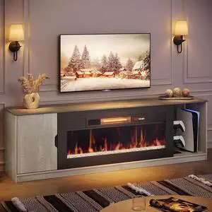 Bestier 70" Modern Fireplace TV Stand for TVs Up to 80" with LED Lights and Storage, PS5 Gaming TV Console for Living Room , Gray Wood