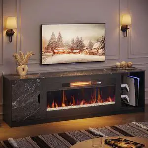 Bestier 70" Modern Fireplace TV Stand for TVs Up to 80" with LED Lights and Storage, PS5 Gaming TV Console for Living Room , Black Marble