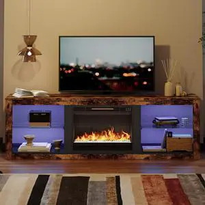 Bestier Fireplace Tv Stand with LED Glass Shelves Media Console Entertainment Gaming Center Heater Inside for Up to 75" Tvs, Brown