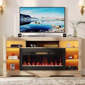 Bestier 71" Fireplace LED TV Stand with 36" Electric Fireplace and Storage Entertainment Center Console Table for TVs up to 80", Gray Wash