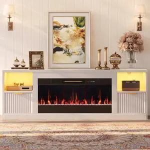 Bestier 70" Fireplace TV Stand for TVs up to 80", Fluted Entertainment Center with 36" Fireplace, 0.5-9 Hours Timer, LED Lights Media Console for Living Room, White