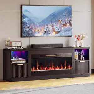 Bestier 70" Fireplace TV Stand for TVs up to 80", Fluted Entertainment Center with 36" Fireplace, 0.5-9 Hours Timer, LED Lights Media Console for Living Room, Black