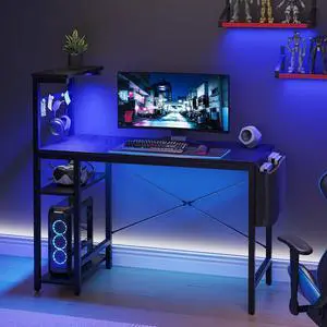 Bestier 44 Inch Gaming Desk, 4 Tier Shelf Computer Desk with LED Lighting, Side Storage Bag and Accessories Hanger for Gaming and Working, Black